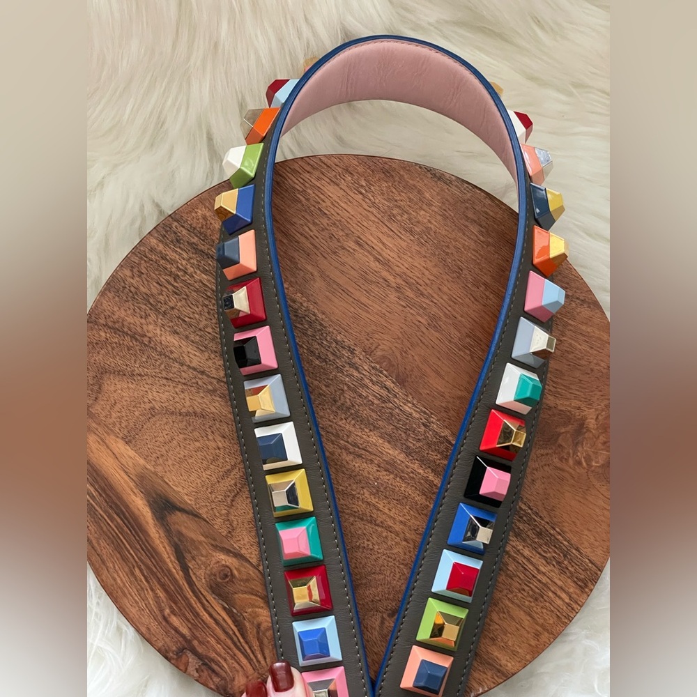 FENDI 35” Strap You Multicolor Stud Gray Leather Shoulder Strap w/COA and Dusty - Picture 5 of 11